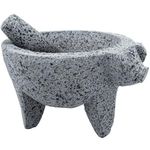 YOPIDO 9 inch Molcajete Mortar and Pestle with Pig Design, Mexican Handmade with Lava Stone Ideal as Herb Bowl, Spice Grinder, Volcanic Stone