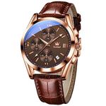 OLEVS Leather Watches for Men Chronograph Rose Gold Large Face Mens Watches Luxury Brown Dial Quartz Watch for Men Waterproof Luminous Classic Analog Wrist Watches for Men, Montre Pour Homme