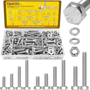 Fgruh 260PCS Hex Bolts and Nuts Assortment Kit,1/4-20, 5/16-18, 3/8-16 Hex Head Bolt Nut and Flat & Spring Washers Assorted,304 Stainless Steel, Fully Threaded