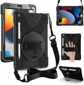 ZenRich iPad 9th Generation Case, iPad 8th/7th Generation 10.2 Case with Pencil Holder Kickstand Hand Strap and Shoulder Strap, Rugged Shockproof Case Cover for iPad 10.2 inch 2021/2020/2019,Black