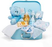 Baby Box Shop - 11 Newborn Baby Boy Gifts, Ideal for Baby Shower Gifts & Christenings - Baby Hamper in Blue Includes Baby Essentials for Newborn Boy & Plush Teddy Bear (Blue)