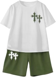 BEAUDRM Boy's 2 Piece Outfit Cross Graphic Short Sleeve Tee Shirt and Shorts Set Sport Tracksuit Green and White 14Y