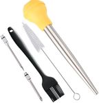 IFFMYJB Turkey Baster Set 5, 18/8 Stainless Steel Turkey Baster Syringe for Cooking Meat Injector Baster Set&2 Needles&2 Cleaning Basting Brush, Baster for Flavor Meat Poultry, Beef&Chicken Ect Yellow