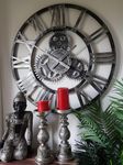 76cm Large Metal Skeleton Gear Wall Clock - 100% Metal - Rustic Silver Colour - Industrial Mechanical Look - Roman Numerals - Wall Art - Silent Clock