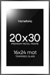 Homeforia 20x30 Poster Frame Black, Premium Metal 20 x 30 Frame with Mat for 16 x 24 Photo, Large Picture Frame 20x30 Black Frame with Mat for 16 x 24, Tempered Glass, Wall Hook Included, Set of 1