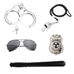 Nereds 5Pcs Pretend Police Accessory Set Simulative Baton Black glasses Metal Steel Handcuffs with Keys Badge Sports Whistle for Fancy Dress Up Cosplay Costume Party Props