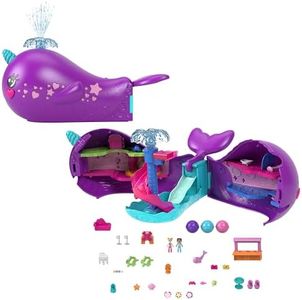 Polly Pocket Sparkle Cove Adventure Dolls & Toy Boat Playset, Narwhal Adventurer with 2 Micro Dolls, 3 Dissolvable Pearls & 13 Accessories