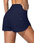Jarvanv Women's Swim Shorts with Pockets High Waisted Tummy Control Board Swimsuit Bathing Shorts for Women with Liner, Navy, Medium