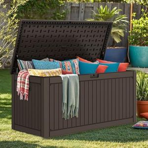 DWVO 260 Gallon Resin Outdoor Storage Box, XXL Double-Wall Waterproof Deck Box with Divider, Doubles as Table or Seating with 1000 lbs Capacity, Lockable (Brown)