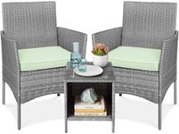 Best Choice Products 3-Piece Outdoor Wicker Conversation Bistro Set, Space Saving Patio Furniture for Garden w/Side Table - Gray/Light Mint