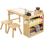 Bateso Kids Art Table and 2 Chairs, Craft Table with Large Storage Shelves, Drawing Desk, Kids Activity Table and Study Table, Activity & Crafts with Roll Paper for Children Wooden Furniture