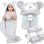 7 Pack Premium Hooded Baby Towel and Washcloths Set - Organic Bamboo Baby Bath Towel for Boy or Girl - Cute Hood with Ears - Large Size for Kids - Newborn Infant Toddler - Best Shower Gift - Grey Bear