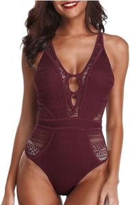 SOCIALA Crochet High Waisted One Piece Swimwear Plunge V Neck Bathing Suits Sexy Backless Monokini Swimsuits Red XL