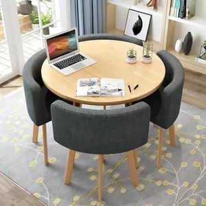 WOOOFA Round Dining Table Set for 4, Faux Marble Conference Table and Chairs Set, Kitchen Table Chairs Set with Strong Metal Frame, Space-Saving, Office Table and Chair Set for Home and Apartment