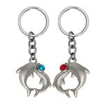 M Men Style Dolphin Fish Red And Blue Stone Set Of 2 Keychain Keyring Car Bike Home Office Birthday Gift To Friends Silver Zinc Metal Love Keychain For Men And Women