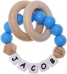 Baby Keepsake Rattle personalised Name, Silicone Chew Bracelet, Chewable Beads Teether Toy for Kids Boys Girls - Wooden Sensory Teething Ring Baby Gym Rattle(Blue)