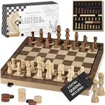 PlayVibe Wooden Chess Set 15'' - Checkers & Chess Board Game with 2 Extra Queens - Handmade Sets for All Ages - Family, Travel Board Games