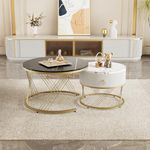 ModernLuxe 2-in-1 MDF Coffee Tables for Living Room, Round Coffee Table with Marble Exterior, Gold Accents, Side Table with Drawer, Modern Nest of Tables for Saving Space, Black and White