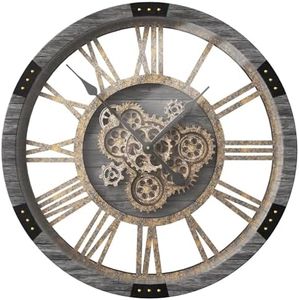 DORBOKER 36" Extra Large Wall Clock with Moving Gears, Oversized Giant Industrial Steampunk Rustic Clocks for Wall Decor Living Room Home Office, Solid Wood Retro Metal,Carbon Grey