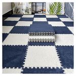 16Pcs Interlocking Foam Mats,Fluffy Carpet Tiles,Plush Area Rug,Square Splicing Floor Tiles,Soft Playmat Puzzle Floor Mat for Play Room,Navy Blue+White
