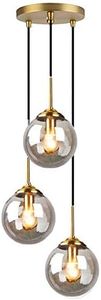 HJXDtech Industrial Vintage 3 Way Pendant Light Cluster Glass Globe Chandelier Brass Metal Ceiling Hanging Lamp Kitchen Dining Room Indoor Lighting Fixture (Smoky Ball)
