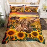 Loussiesd Highland Cow Bedding Set Kids Sunflower Cattle Bedding & Linen for Girls Teens Farmhouse Wildlife Animal Duvet Cover Floral Western Cow Bull Quilt Cover 3Pcs King Size