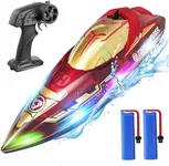 DEERC RC Boat with LED Lights for Kids, 2.4Ghz Full Proportional Remote Control Racing Boat for Pool, 80 Min Running Time, Capsize Recovery, Water Sensing Summer Toy