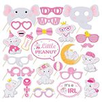 Kristin Paradise 25Pcs Pink Elephant Photo Booth Props with Stick, Little Peanut Theme Selfie Props, Girl Baby Shower Birthday Party Supplies