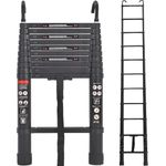 Exleiter Aluminum Telescoping Ladder, 3.2M/10.5FT Portable Extension Ladder with 2 Detachable Hooks Extendable Folding Ladder Anti-Slip Loft Ladder with Certificate EN 131, Black