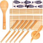 No Plastic Bamboo Sushi Making Kit, Sushi Maker, 2 Bamboo Makisu Sushi Rolling Mats, 5 Pairs Chopsticks, Sauce Dishes, Rice Paddle, Spreader - Natural Sushi Roller Set for Beginners DIY Sushi at Home