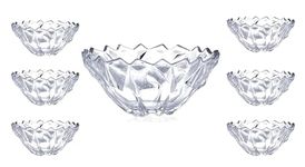 MARTVIA Glass Serving Bowls Set, 7 pcs Dessert Bowl Set, Glassware Tableware Serving Bowl Set for Ice-Cream, Fruit, Candy, Pasta, Salad, Sugar 1 Big Bowl, 6 Small Bowl (Hezal - A, Set of 7)