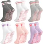 soxitoevy 6 Pairs Pilates Socks with Grips for Women Cute Stripe Heart Non Slip Yoga Crew Socks for Barre Sports Hospital Sticky Slipper