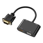 VGA to HDMI VGA Adapter, Dual Display 1080P VGA to HDMI VGA Splitter Converter with Charging Cable and 3.5mm Audio Cable for Computer, Desktop, Laptop, PC, Monitor, Projector and More