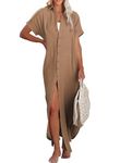 Dokotoo Women's Casual Long Kimonos Cardigans Short Sleeve Side Split Button Down Loose Fit Solid Summer Holiday Beach Swimsuit Cover Ups for Women Brown Large