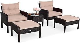 Costway 5 Pieces Patio Rattan Furniture Set, Outdoor Conversation Set with Cushioned Chair & Ottoman & Tempered Glass Coffee Table, All Weather Patio Wicker Sofa Sets for Backyard, Poolside (Khaki)