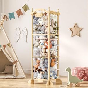 COSYLAND Large Stuffed Animal Storage Organizer for Kids, Wooden Plush Toy Holder with Top Rope Clips, Elastic Cords & Nameplate, Holds 70+ Stuffed Animals for Playroom & Corner