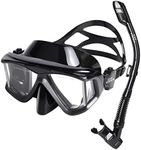 Snorkel Set Pano 4 Adult Snorkeling Gear, Professional Anti-Fog Snorkel Mask Dry Top Snorkel, Tempered Glass Scuba Diving Mask for Freediving, Snorkeling and Swimming (Black Snorkel Set)