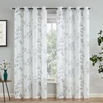 Beauoop Grommet Leaf Print Sheer Window Curtains 95 Inches Long Botanical Floral Pattern Panels Linen Texture Drapes for Living Room/Bedroom/Farmhouse Semi Sheer Window Treatment, 50"W, Gray, 2 Panels