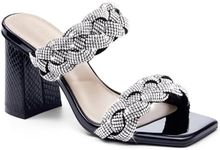 Syktkmx Womens Braided Heels Sandals Chunky Block Heel Double Strap Summer Dressy Sandal, Bright Black, Size 11