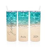 Personalized Beach Tumbler 20 oz Insulated Tumblers with Lids and Straws Custom Stainless Steel Skinny Tumbler Girls Trip Coffee Travel Tumbler Family Vacation Cups Beach Gifts for Women Men Friends