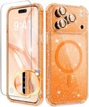 BERFY for iPhone 17 Pro Max Case for Women, Compatible with MagSafe, Clear Glitter Shockproof Protective Case, Anti-Yellowing, with Screen Protector & 3 Diamond Camera Lens Covers 6.9", Star Orange