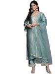 Varanga Women Blue V Neck Lace Embellished Kurta Paired With Tonal Bottom And Dupatta