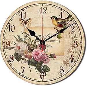 Catuy 12 Inch Wood Wall Clock Silent Non-Ticking Wall Clocks for Office,Bathroom,Living Room,Dining Room,Kitchen Decoration, Flowers/Birds Style Round Hanging Clock