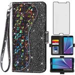 Asuwish Phone Case for Samsung Galaxy Note 5 Wallet Cover with Screen Protector and Wrist Strap Flip Credit Card Holder Bling Glitter Stand Cell Glaxay Note5 Gaxaly Notes 5s Five Women Girls Black