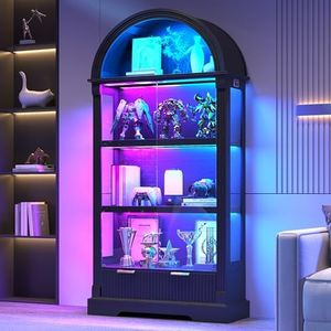 Dystler Curio Cabinet with RGB Lights, 72" Tall Arched Display Cabinet with Glass Doors, 4-Tier Large Shelf Display Case for Collectibles Bookcase Living Room, Black