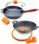 CountryCook Pre-Seasoned Cast Iron 26cms Kadai & Frying Pan Combo with Glass Lid, Induction Friendly, Non-Toxic, Enamel Free Cookware