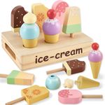 HERSITY Wooden Ice Cream Toys for Kids, Ice Lolly Stand Ice Cream Parlour Toy Set Pretend Play Food Kitchen Playset Accessories for 3 4 5 Years Old Kids Boys Girls Toddler