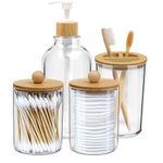 Bamboo Bathroom Accessories Sets of 4, Soap Dispenser, 2 Qtip Holder Jars, Toothbrush Holder, Boho Bathroom Decor