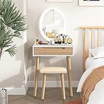 YOURLITE Makeup Vanity Dressing Table Mirror Cosmetic Vanity Dressing Cabinet with Stool Dresser with LED Mirror, Wood Color, 1 Drawer