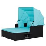 DORTALA Patio Wicker Daybed, Outdoor PE Rattan Sofa Set with Retractable Canopy, 2 Side Tables, Seat & Back Cushions, Sun Lounger for Garden, Backyard, Porch, Turquoise